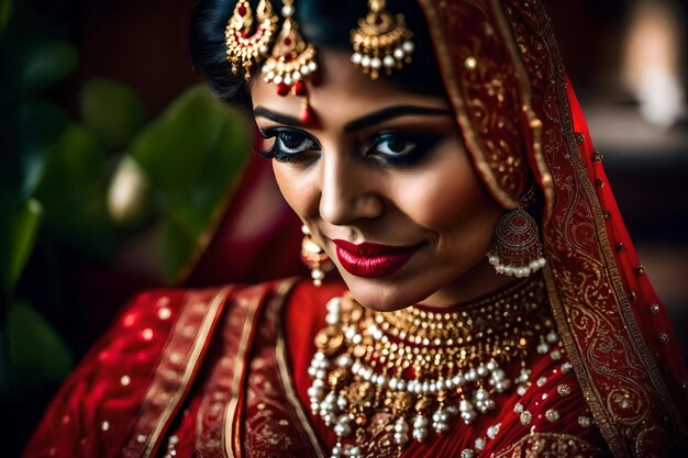 A woman in a traditional bridal costume with a red background