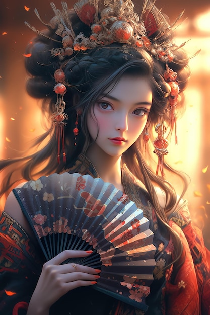 中国の伝統的な衣装を着た女性が扇子を持っている