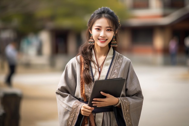 A woman in a traditional chinese costume smiles at the camera.