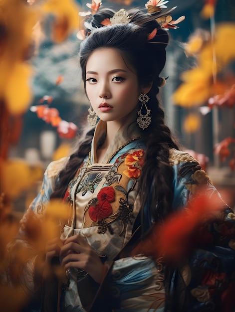A woman in a traditional chinese costume stands in front of autumn leaves.