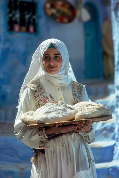 Foto donna in abiti tradizionali che porta un vassoio di pane