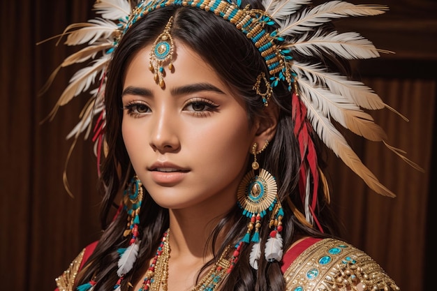 깃털과 깃털이 달린 머리장식을 한 전통 의상을 입은 여성.