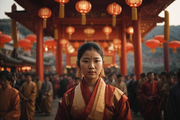 Premium AI Image | Woman traditional dress in Chinese shrine light up ...