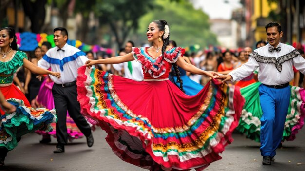 a woman in a traditional dress is dancing in the street with a colorful dress.