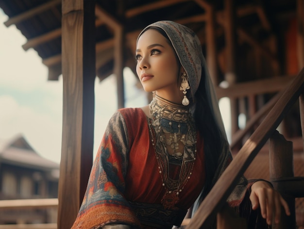 A woman in a traditional dress sits on a wooden railing.