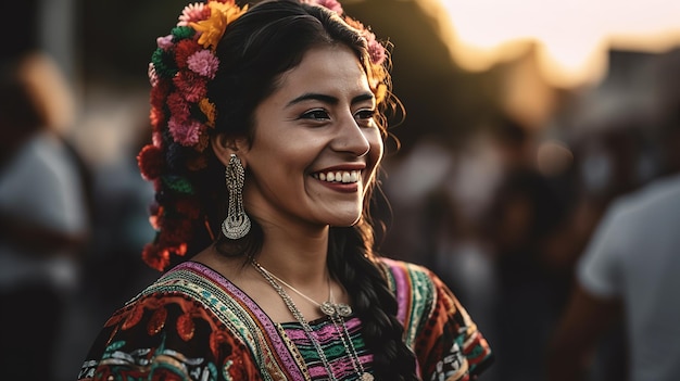 伝統的な衣装を着た女性がカメラに向かって微笑んでいます。