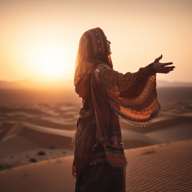 Foto una donna in abito tradizionale si trova nel deserto con il sole che tramonta dietro di lei.