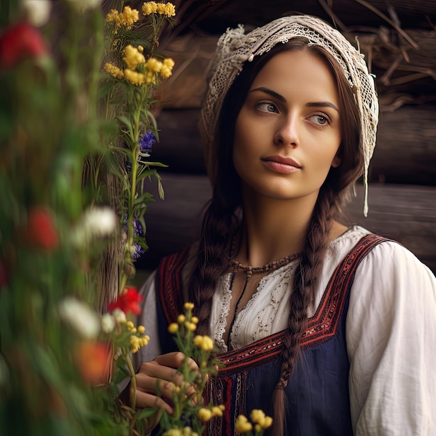 Photo a woman in a traditional dress stands in front of a bush with flowers