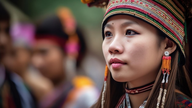 A woman in traditional dress stands in front of a crowd.