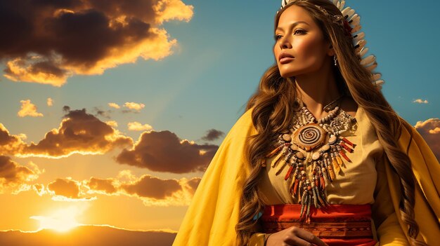 A woman in a traditional dress stands in front of a sunset