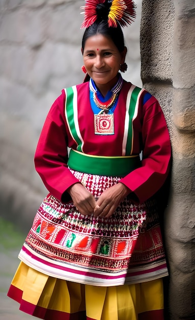 Foto una donna in abito tradizionale si trova davanti a un muro.