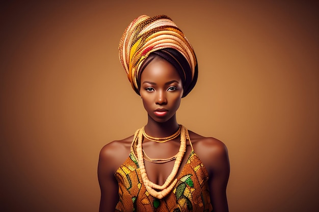 A woman in a traditional dress with a gold necklace and a scarf