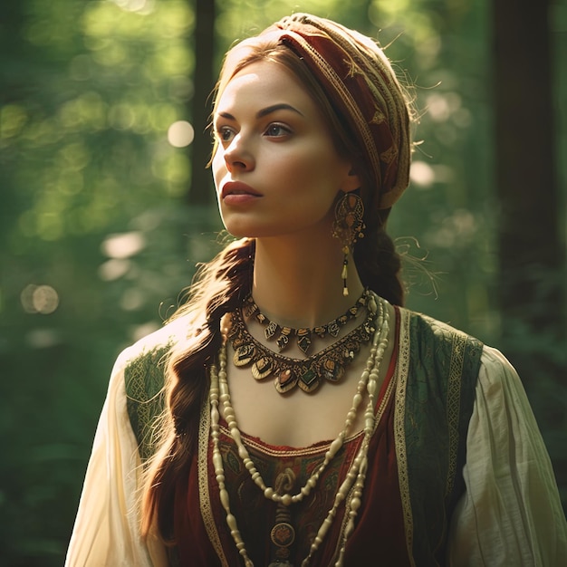 a woman in a traditional dress with a long braid in her hair