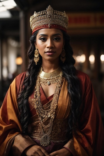 a woman in a traditional dress with long hair and a necklace.