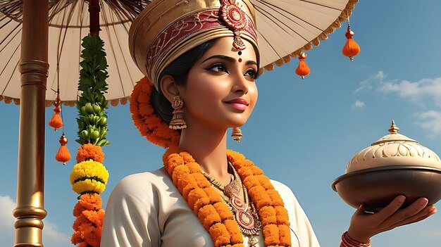 Photo a woman in a traditional dress with a parasol on her head