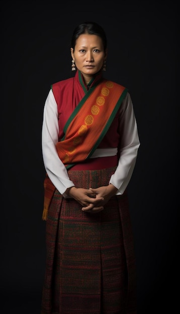 Photo a woman in a traditional dress with a red and green scarf