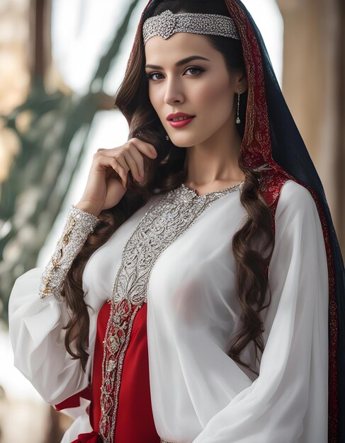 a woman in a traditional dress with a red and white veil