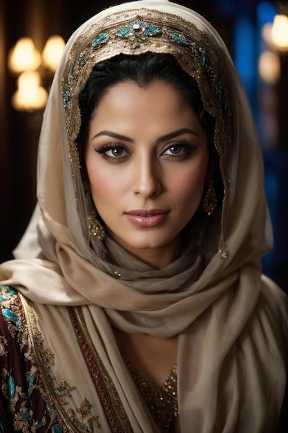 a woman in a traditional dress with a veil on her head.