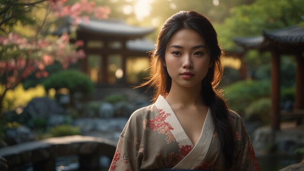 Photo a woman in a traditional japanese kimono in a serene garden setting