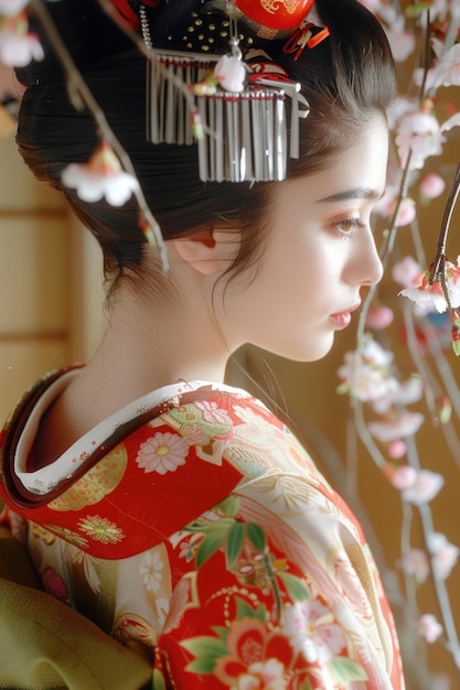 Foto una donna in kimono tradizionale che guarda fuori da una finestra adatta a concetti culturali e di viaggio