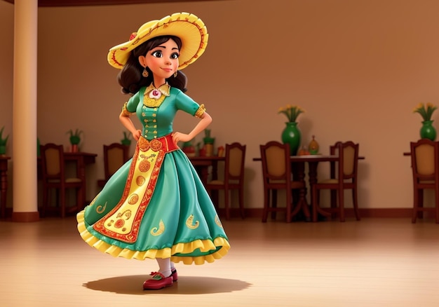 The woman in the traditional Mexican dress twirls gracefully her full skirt swirling around her