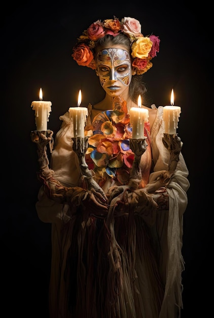 A woman in traditional mexican dress with flowers holding a candle in her hand