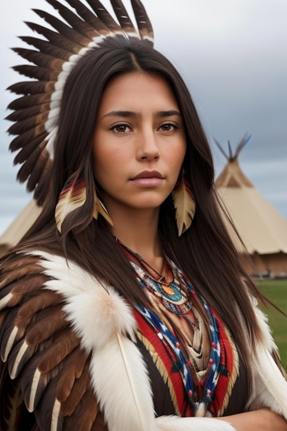 Photo a woman in a traditional outfit with a hat and feathers.