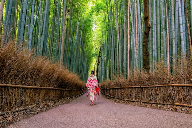 京都の嵐山の竹林で赤い傘を持つ伝統的な浴衣の女性