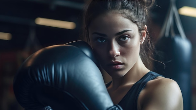 Photo a woman training boxing at gym generative ai