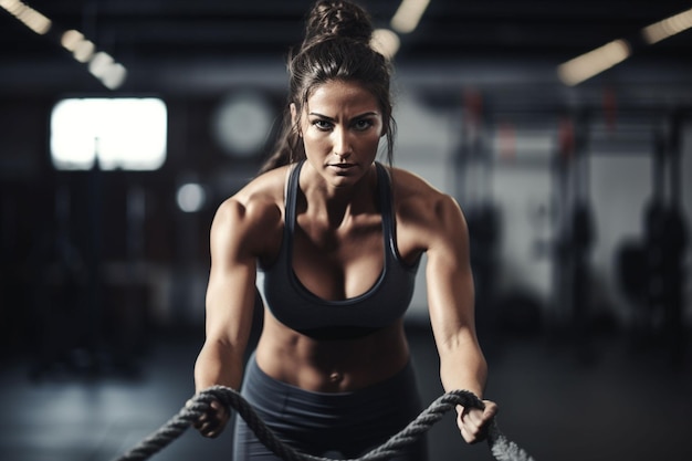 Foto donna che si allena con la corda da battaglia in cross fit