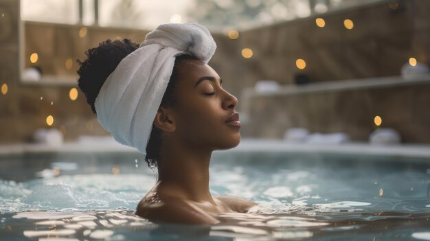 Woman in a tranquil spa setting with a serene expression