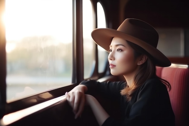 電車で旅行する女性 大きな窓の隣に座って、通り過ぎる美しい自然の景色を眺める