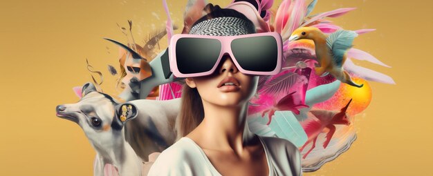 Фото Женщина путешествует очки цифровая технология виртуальная vr реальность абстрактное будущее молодой генеративный ии