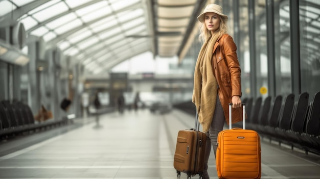 Woman travel and vacation with trendy summer fashion and luggage in airport concept Picturesque generative AI