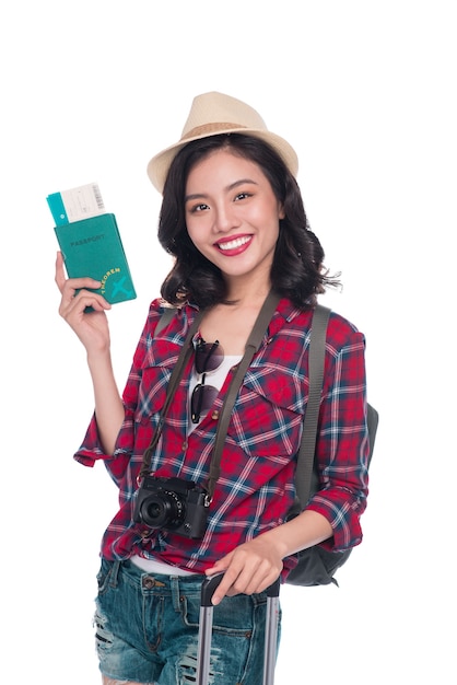 Woman travel. Young beautiful asian woman traveler with passport on white background