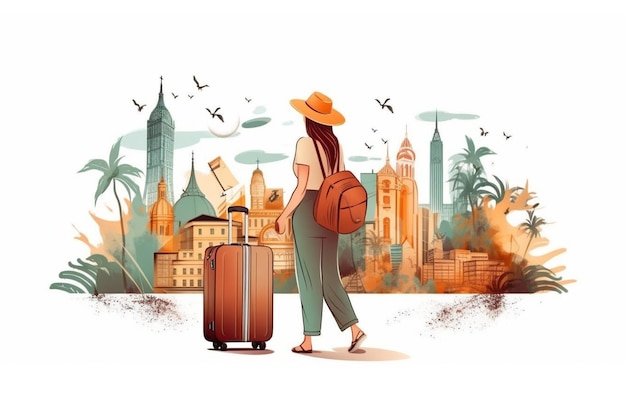 Woman traveler conceptual illustration White background banner Generative AI