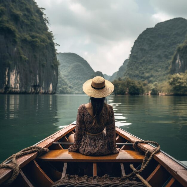 Donna viaggiatrice che galleggia su una barca su un lago di montagna