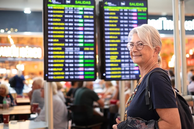 Photo woman traveler senior lady standing inside airport terminal looking at timetable schedule