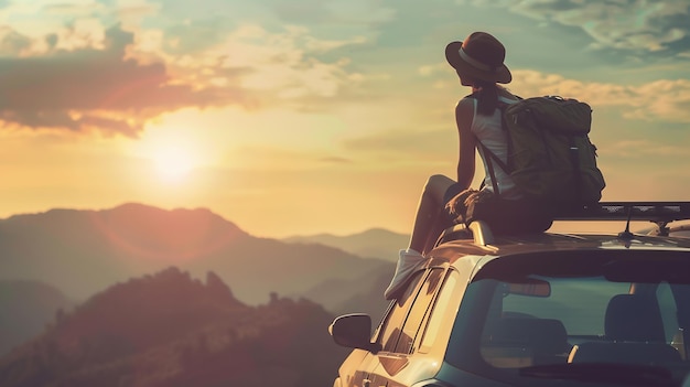 Photo woman traveler sitting on hatchback car with mountain background in vintage tone generative ai