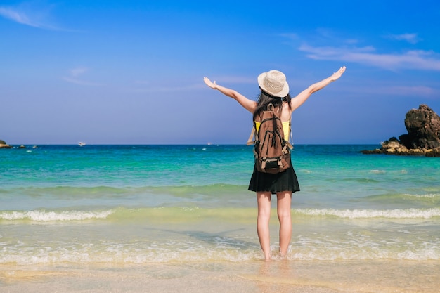 Woman traveler standing and happy on the beach. 