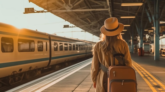 Женщина-путешественник турист гуляет с багажом на вокзале, концепция активного и путешествующего образа жизни