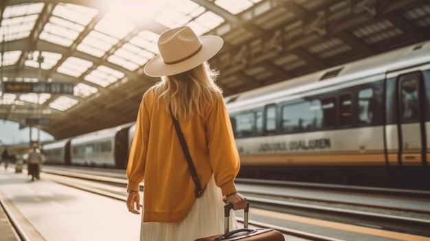 Женщина-путешественник турист гуляет с багажом на вокзале, концепция активного и путешествующего образа жизни