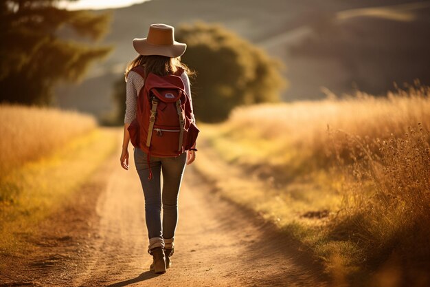 Woman traveler walking on the road