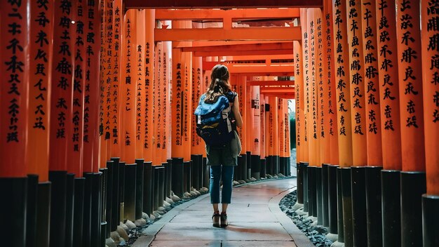 Woman traveler with backpack at fushimi inari taisha shrine in kyoto japan