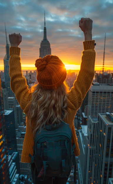 Woman traveler with backpack and hat on her head enjoys the sunset and the panorama of New York City from the roof