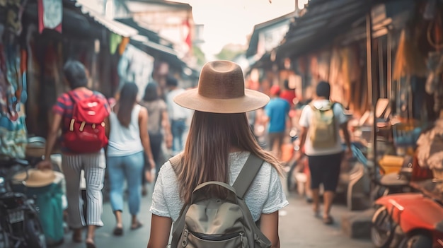 여성 여행자, 배과 모자를 들고, 동남아시아의 시장과 거리 음식 상점과 함께 거리를 둘러보며 여행합니다.
