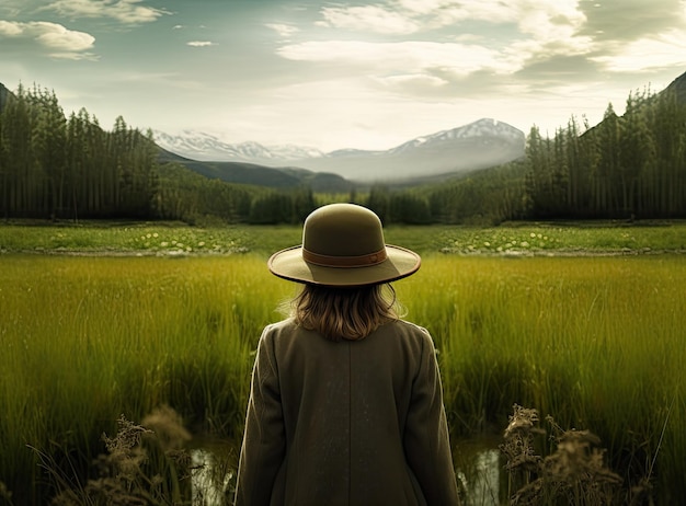 Woman traveler with backpack holding hat and looking at amazing mountains and forest wanderlust