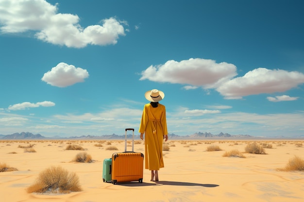 woman traveler with yellow suitcase