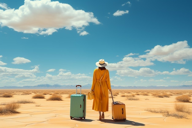 woman traveler with yellow suitcase