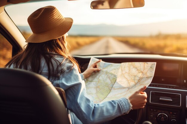 Woman traveling alone sitting in car with map AI Generated